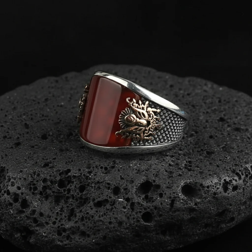 RARE PRINCE by CARAT SUTRA | Unique Turkish Style Curved Ring with Red Agate | 925 Sterling Silver Oxidized Ring | Men's Jewelry | With Certificate of Authenticity and 925 Hallmark - Image 3