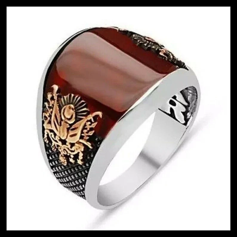 RARE PRINCE by CARAT SUTRA | Unique Turkish Style Curved Ring with Red Agate | 925 Sterling Silver Oxidized Ring | Men's Jewelry | With Certificate of Authenticity and 925 Hallmark - Image 4