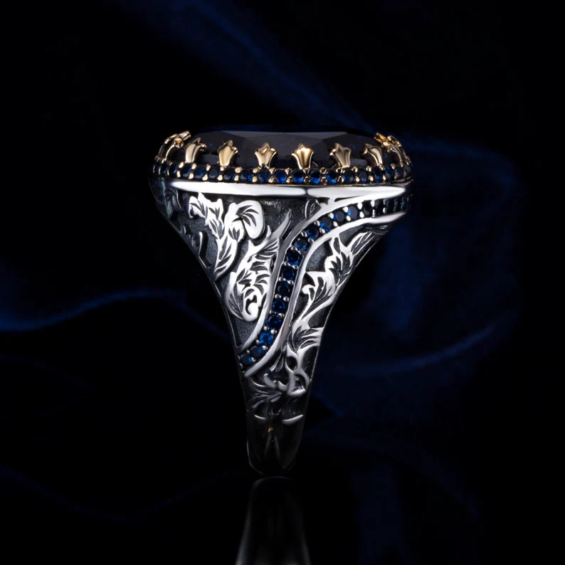 RARE PRINCE by CARAT SUTRA | Unique Turkish Style Ring with Blue S Sapphire | 925 Sterling Silver Oxidized Ring | Men's Jewelry | With Certificate of Authenticity and 925 Hallmark - Image 2