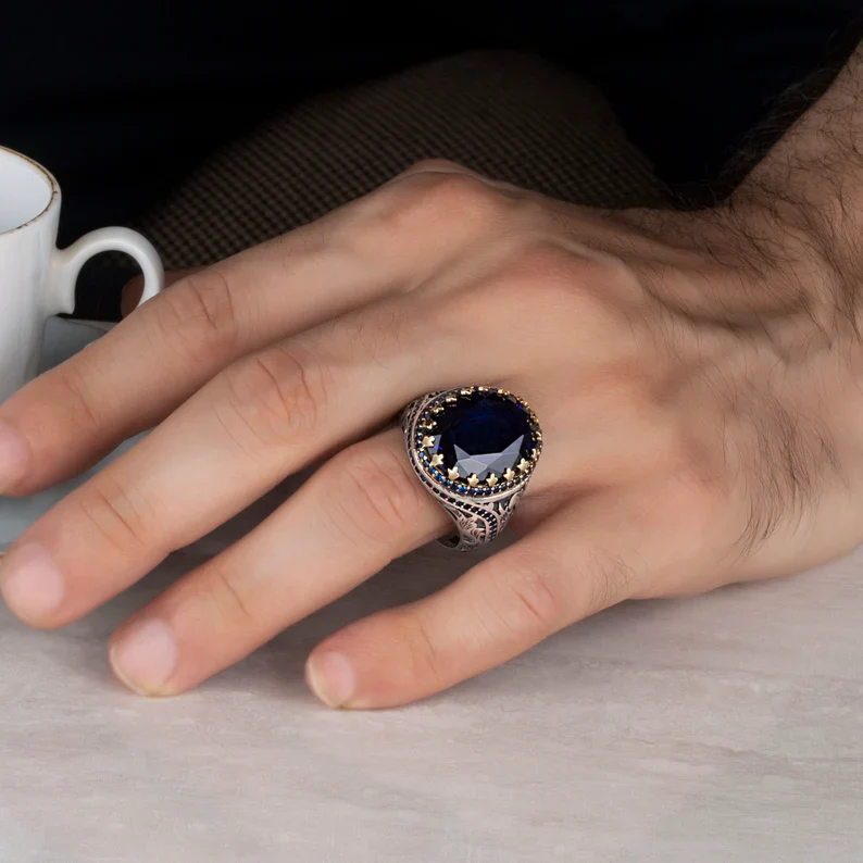 RARE PRINCE by CARAT SUTRA | Unique Turkish Style Ring with Blue S Sapphire | 925 Sterling Silver Oxidized Ring | Men's Jewelry | With Certificate of Authenticity and 925 Hallmark - Image 3
