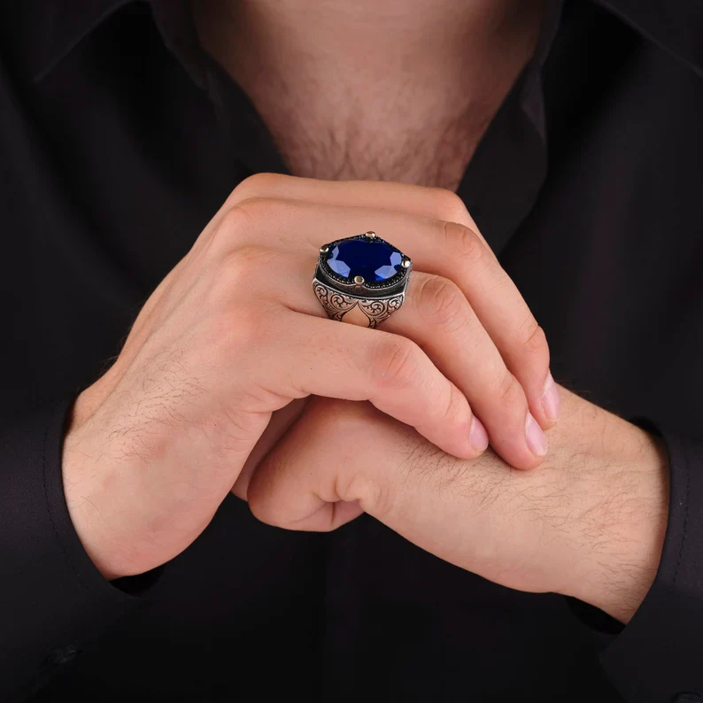 RARE PRINCE by CARAT SUTRA | Unique Turkish Style Ring with Blue S Sapphire | 925 Sterling Silver Oxidized Ring | Men's Jewelry | With Certificate of Authenticity and 925 Hallmark - Image 2