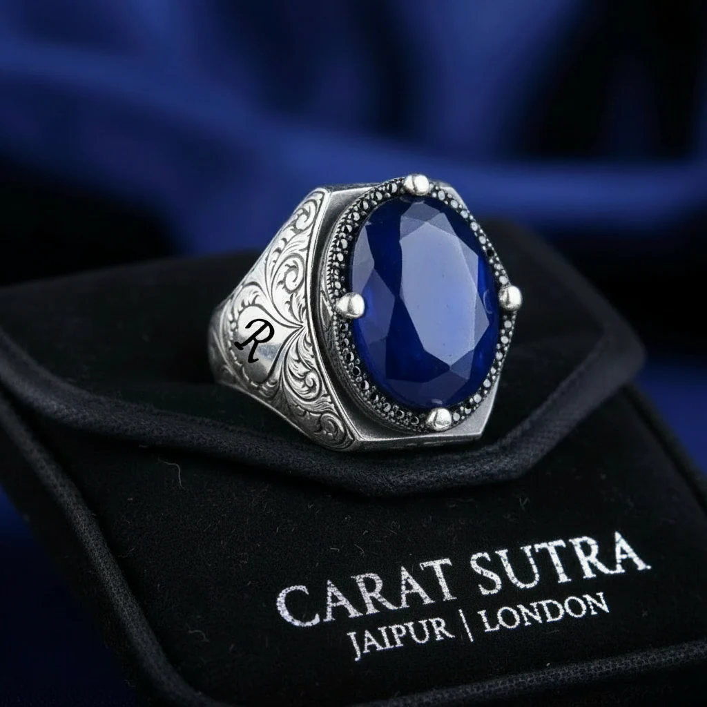 RARE PRINCE by CARAT SUTRA | Unique Turkish Style Ring with Blue S Sapphire | 925 Sterling Silver Oxidized Ring | Men's Jewelry | With Certificate of Authenticity and 925 Hallmark - Image 3