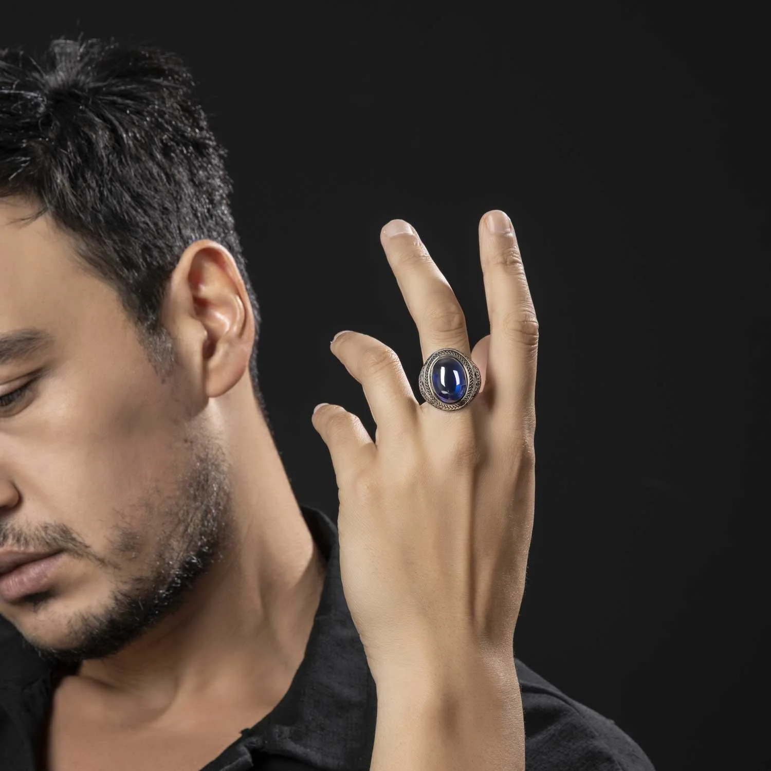 RARE PRINCE by CARAT SUTRA | Unique Turkish Style Ring with Blue S Sapphire | 925 Sterling Silver Oxidized Ring | Men's Jewelry | With Certificate of Authenticity and 925 Hallmark - Image 5
