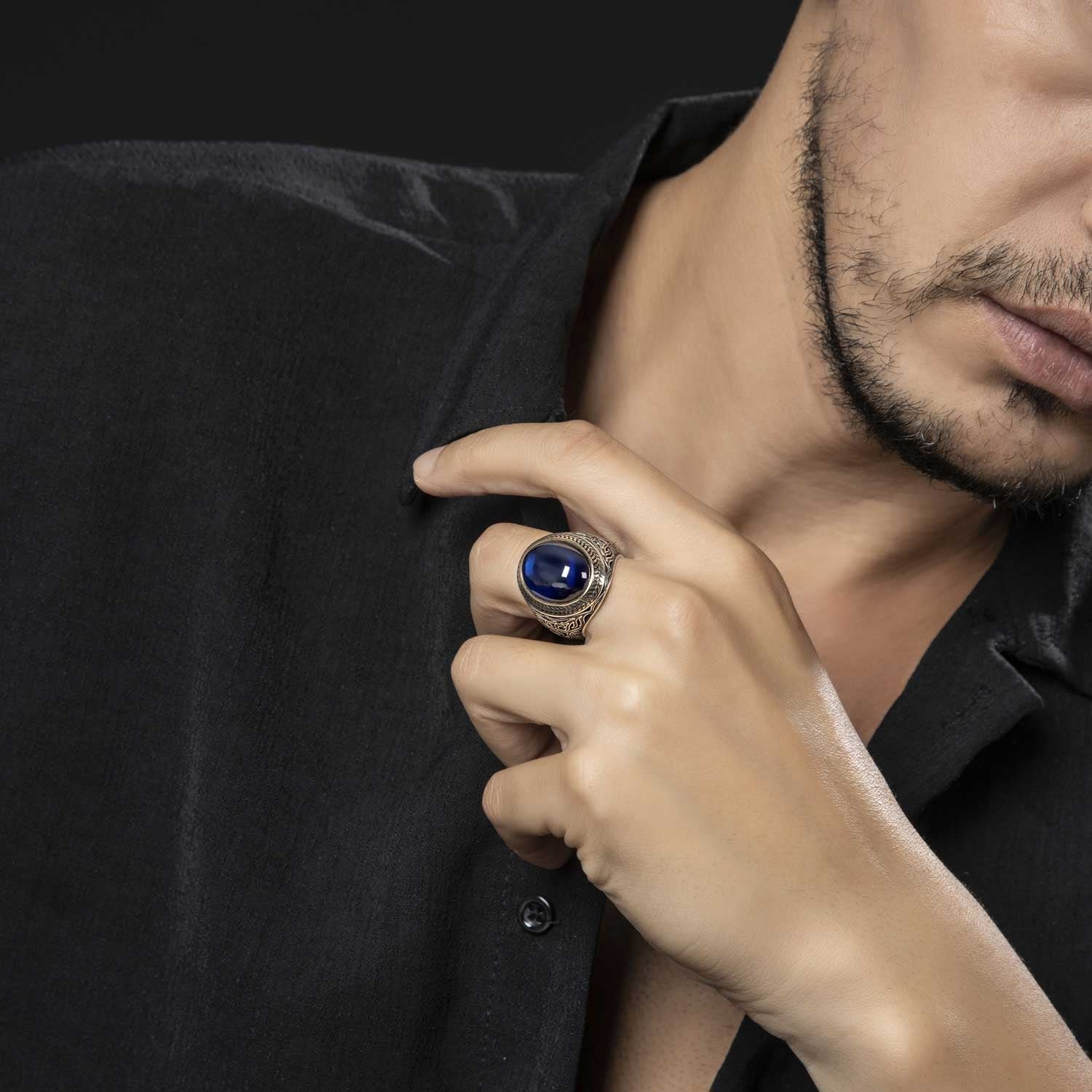 RARE PRINCE by CARAT SUTRA | Unique Turkish Style Ring with Blue S Sapphire | 925 Sterling Silver Oxidized Ring | Men's Jewelry | With Certificate of Authenticity and 925 Hallmark - Image 6
