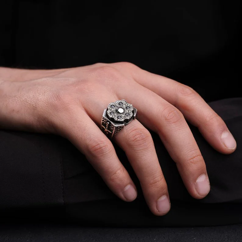 RARE PRINCE by CARAT SUTRA | Unique Turkish Style Ring with 6 stone Black Zircon | 925 Sterling Silver Oxidized Ring | Men's Jewelry | With Certificate of Authenticity and 925 Hallmark - Image 2