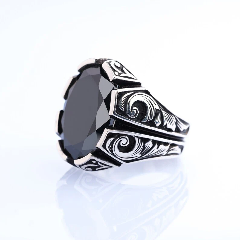 Unique Turkish Style Ring with Natural Black Onyx | Black Rhodium & Gold Plated 925 Sterling Silver Ring | Men's Jewelry | With Certificate of Authenticity and 925 Hallmark - Image 2