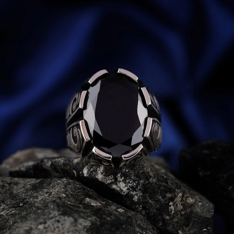 Unique Turkish Style Ring with Natural Black Onyx | Black Rhodium & Gold Plated 925 Sterling Silver Ring | Men's Jewelry | With Certificate of Authenticity and 925 Hallmark - Image 3