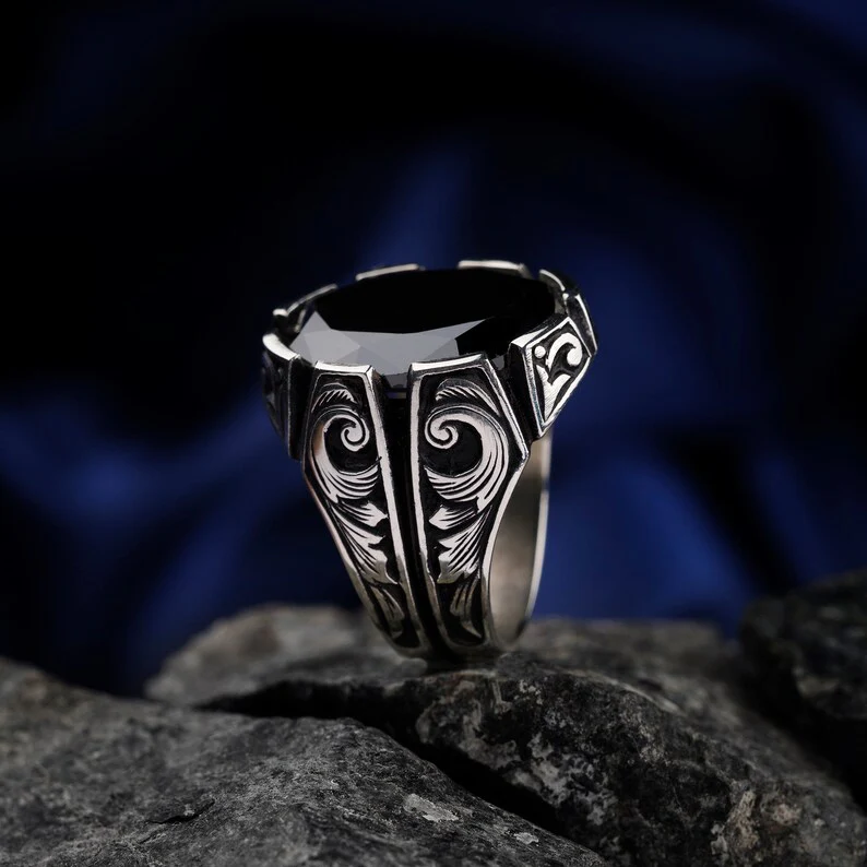 Unique Turkish Style Ring with Natural Black Onyx | Black Rhodium & Gold Plated 925 Sterling Silver Ring | Men's Jewelry | With Certificate of Authenticity and 925 Hallmark - Image 4