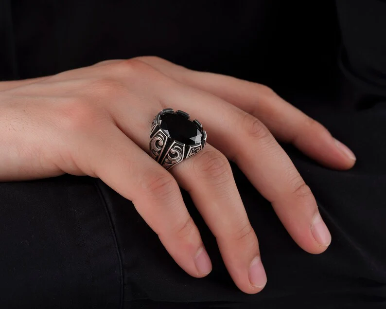 Unique Turkish Style Ring with Natural Black Onyx | Black Rhodium & Gold Plated 925 Sterling Silver Ring | Men's Jewelry | With Certificate of Authenticity and 925 Hallmark - Image 5