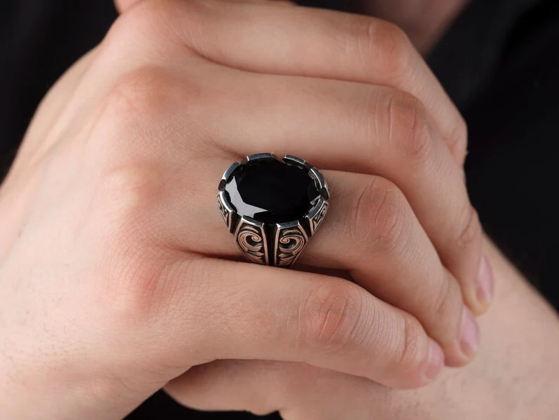 Unique Turkish Style Ring with Natural Black Onyx | Black Rhodium & Gold Plated 925 Sterling Silver Ring | Men's Jewelry | With Certificate of Authenticity and 925 Hallmark - Image 6