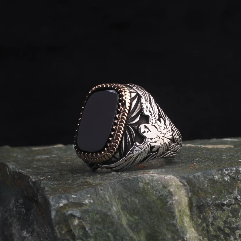 RARE PRINCE by CARAT SUTRA | Unique Eagle Designed Turkish Style Ring with Natural Black Onyx | Black Rhodium & Gold Plated 925 Sterling Silver Ring | Men's Jewelry | With Certificate of Authenticity and 925 Hallmark