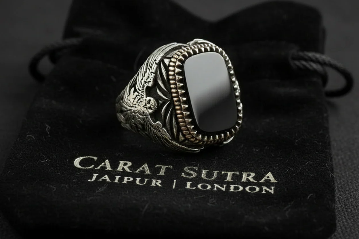 RARE PRINCE by CARAT SUTRA | Unique Eagle Designed Turkish Style Ring with Natural Black Onyx | Black Rhodium & Gold Plated 925 Sterling Silver Ring | Men's Jewelry | With Certificate of Authenticity and 925 Hallmark - Image 2