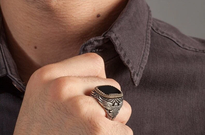 RARE PRINCE by CARAT SUTRA | Unique Eagle Designed Turkish Style Ring with Natural Black Onyx | Black Rhodium & Gold Plated 925 Sterling Silver Ring | Men's Jewelry | With Certificate of Authenticity and 925 Hallmark - Image 3