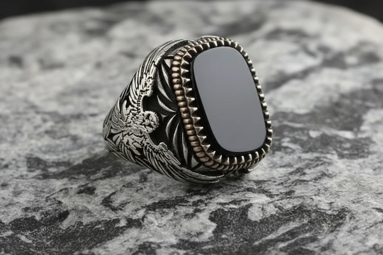 RARE PRINCE by CARAT SUTRA | Unique Eagle Designed Turkish Style Ring with Natural Black Onyx | Black Rhodium & Gold Plated 925 Sterling Silver Ring | Men's Jewelry | With Certificate of Authenticity and 925 Hallmark - Image 4