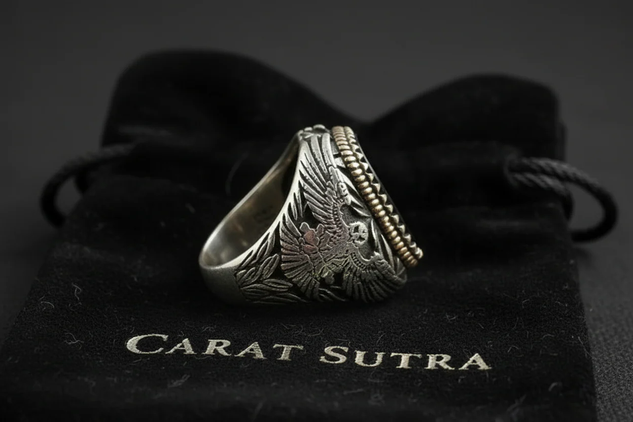 RARE PRINCE by CARAT SUTRA | Unique Eagle Designed Turkish Style Ring with Natural Black Onyx | Black Rhodium & Gold Plated 925 Sterling Silver Ring | Men's Jewelry | With Certificate of Authenticity and 925 Hallmark - Image 5