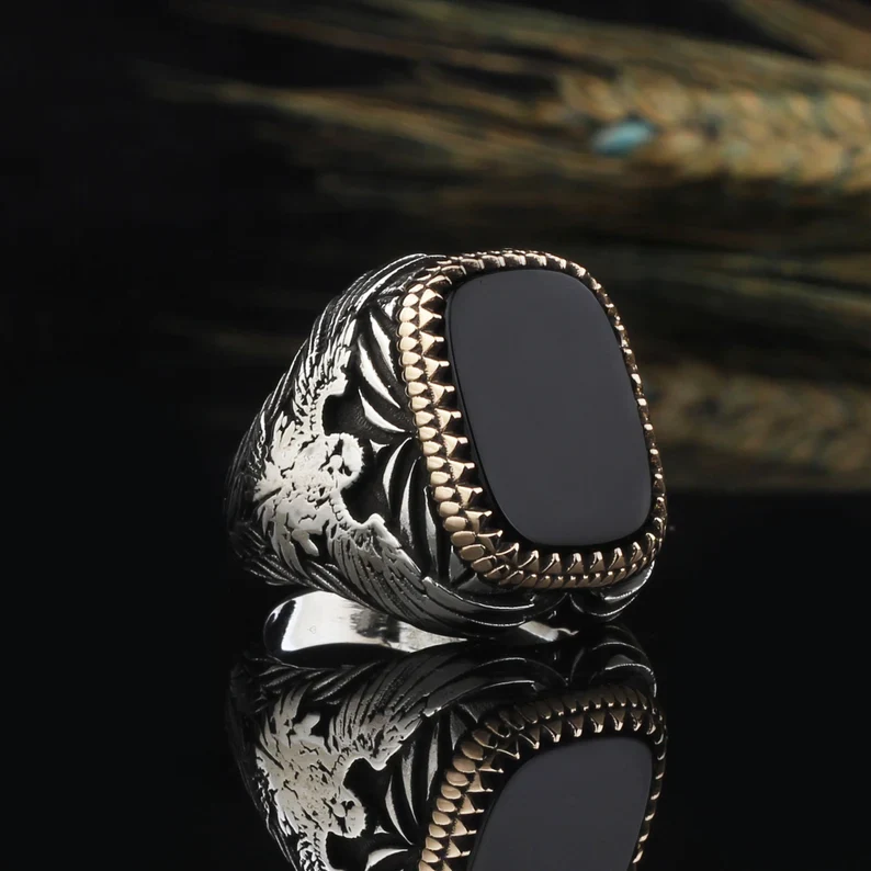 RARE PRINCE by CARAT SUTRA | Unique Eagle Designed Turkish Style Ring with Natural Black Onyx | Black Rhodium & Gold Plated 925 Sterling Silver Ring | Men's Jewelry | With Certificate of Authenticity and 925 Hallmark - Image 6