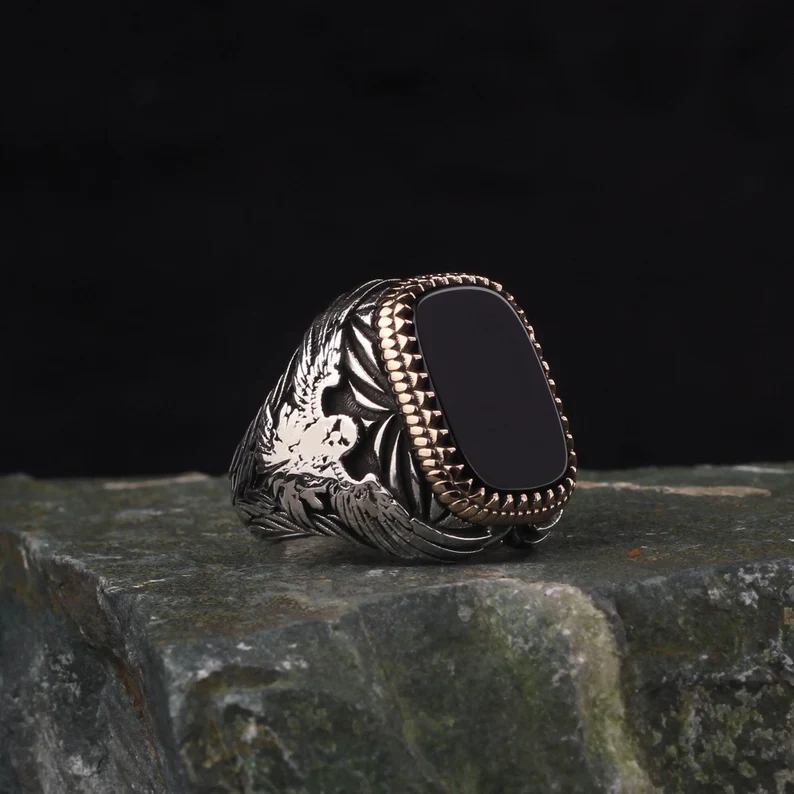 RARE PRINCE by CARAT SUTRA | Unique Eagle Designed Turkish Style Ring with Natural Black Onyx | Black Rhodium & Gold Plated 925 Sterling Silver Ring | Men's Jewelry | With Certificate of Authenticity and 925 Hallmark - Image 7