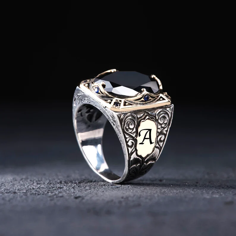 RARE PRINCE by CARAT SUTRA | Unique Turkish Style Ring with Natural Black Onyx | With Custom Name Initial, 925 Sterling Silver Ring | Men's Jewelry | With Certificate of Authenticity and 925 Hallmark - Image 2