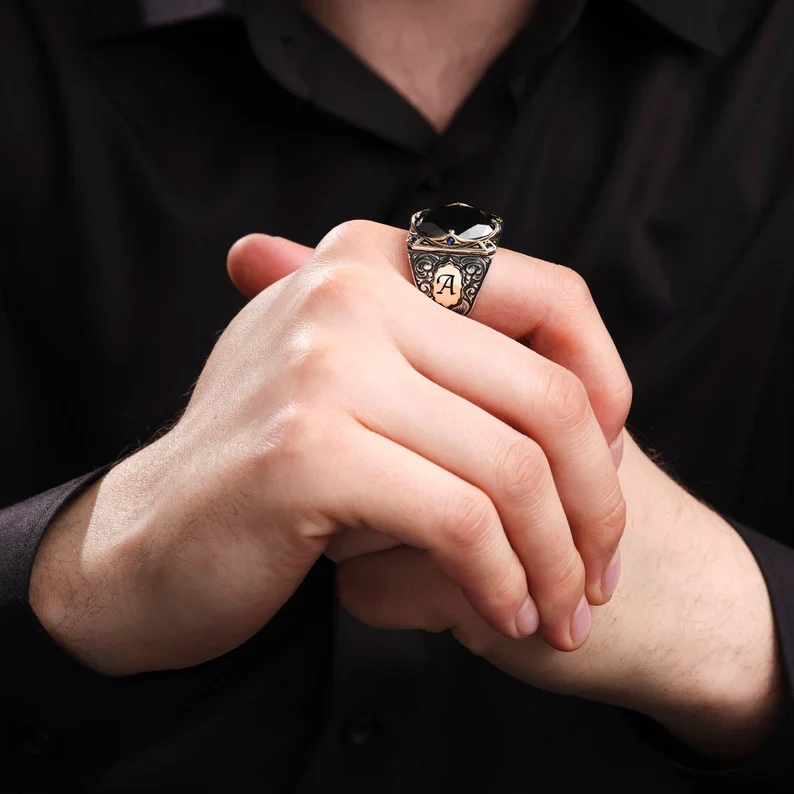 RARE PRINCE by CARAT SUTRA | Unique Turkish Style Ring with Natural Black Onyx | With Custom Name Initial, 925 Sterling Silver Ring | Men's Jewelry | With Certificate of Authenticity and 925 Hallmark - Image 3