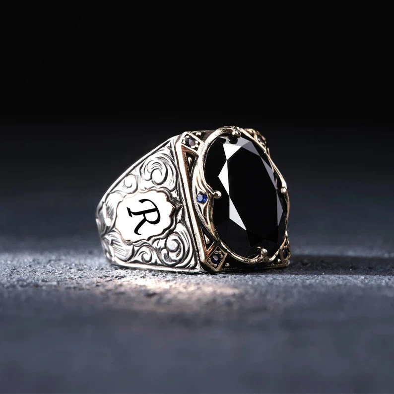 RARE PRINCE by CARAT SUTRA | Unique Turkish Style Ring with Natural Black Onyx | With Custom Name Initial, 925 Sterling Silver Ring | Men's Jewelry | With Certificate of Authenticity and 925 Hallmark - Image 5