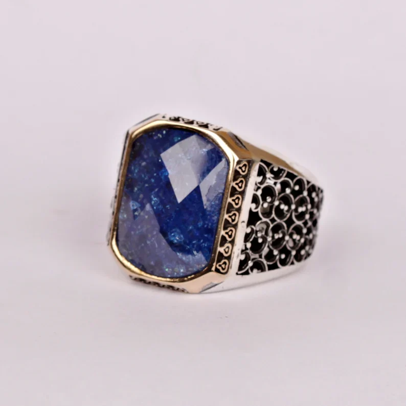 RARE PRINCE by CARAT SUTRA | Unique Turkish Style Ring with Natural Blue Lapis Lazuli | 925 Sterling Silver Oxidized Ring | Men's Jewelry | With Certificate of Authenticity and 925 Hallmark - Image 3