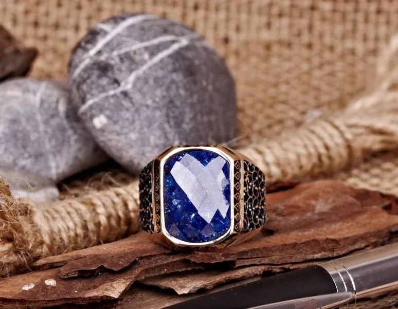 RARE PRINCE by CARAT SUTRA | Unique Turkish Style Ring with Natural Blue Lapis Lazuli | 925 Sterling Silver Oxidized Ring | Men's Jewelry | With Certificate of Authenticity and 925 Hallmark - Image 4