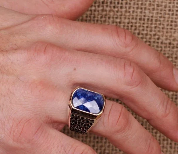 RARE PRINCE by CARAT SUTRA | Unique Turkish Style Ring with Natural Blue Lapis Lazuli | 925 Sterling Silver Oxidized Ring | Men's Jewelry | With Certificate of Authenticity and 925 Hallmark - Image 5