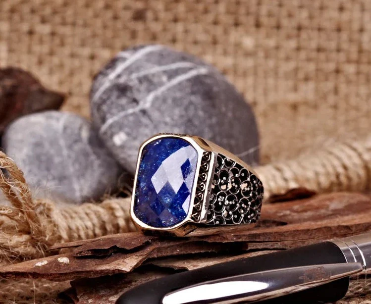 RARE PRINCE by CARAT SUTRA | Unique Turkish Style Ring with Natural Blue Lapis Lazuli | 925 Sterling Silver Oxidized Ring | Men's Jewelry | With Certificate of Authenticity and 925 Hallmark - Image 6