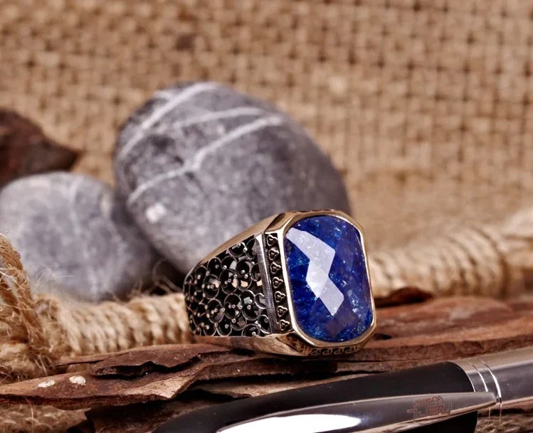 RARE PRINCE by CARAT SUTRA | Unique Turkish Style Ring with Natural Blue Lapis Lazuli | 925 Sterling Silver Oxidized Ring | Men's Jewelry | With Certificate of Authenticity and 925 Hallmark - Image 7