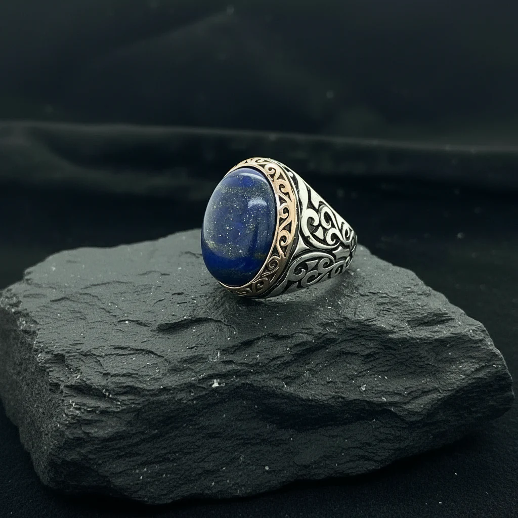 RARE PRINCE by CARAT SUTRA | Unique Turkish Style Ring with Natural Blue Lapis Lazuli | 925 Sterling Silver Oxidized Ring | Men's Jewelry | With Certificate of Authenticity and 925 Hallmark - Image 2