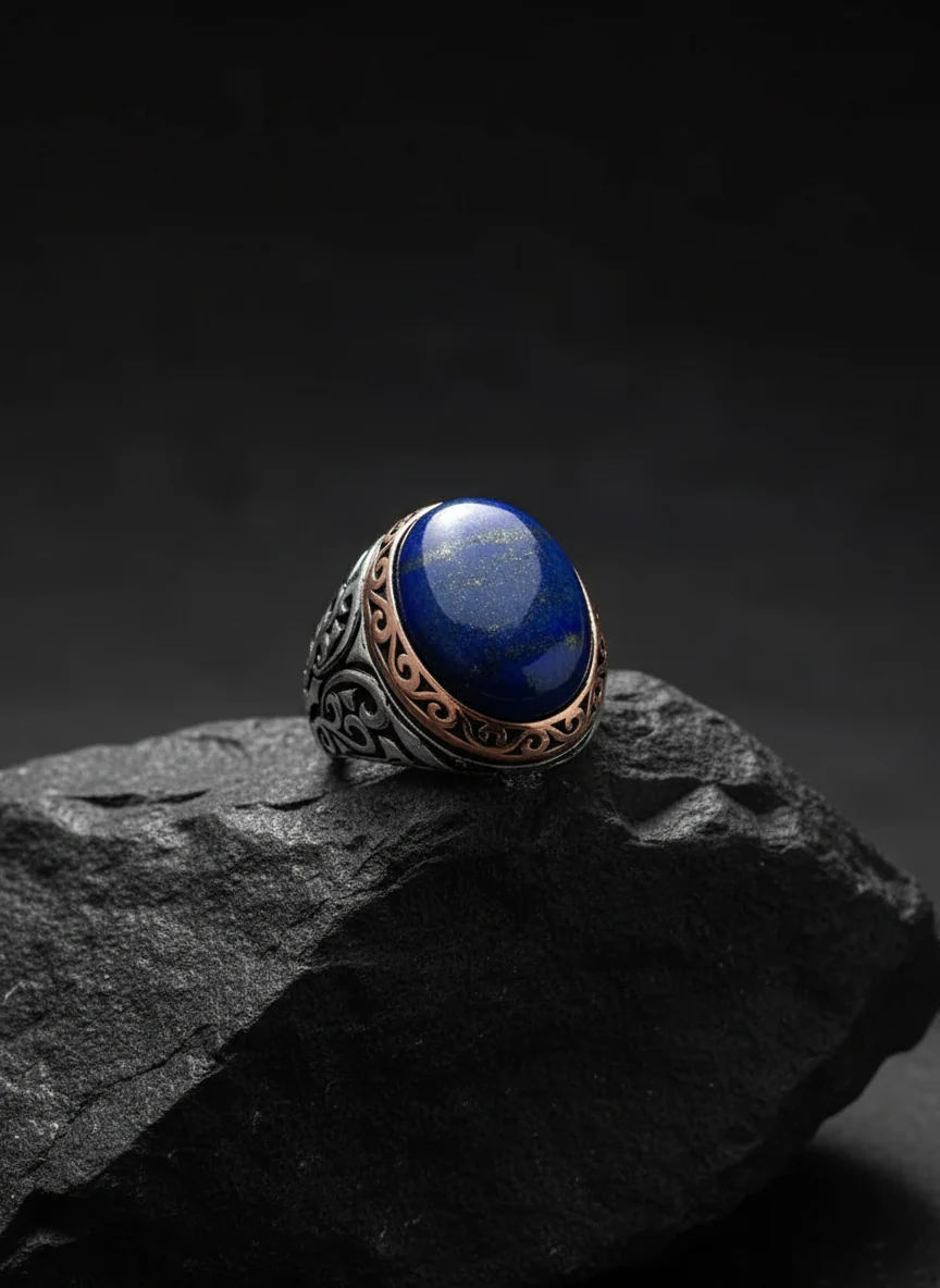 RARE PRINCE by CARAT SUTRA | Unique Turkish Style Ring with Natural Blue Lapis Lazuli | 925 Sterling Silver Oxidized Ring | Men's Jewelry | With Certificate of Authenticity and 925 Hallmark - Image 4