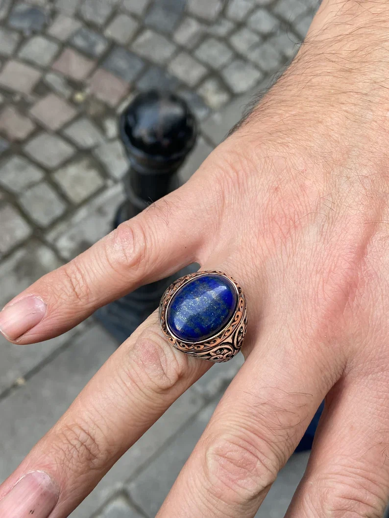 RARE PRINCE by CARAT SUTRA | Unique Turkish Style Ring with Natural Blue Lapis Lazuli | 925 Sterling Silver Oxidized Ring | Men's Jewelry | With Certificate of Authenticity and 925 Hallmark - Image 6