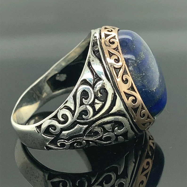RARE PRINCE by CARAT SUTRA | Unique Turkish Style Ring with Natural Blue Lapis Lazuli | 925 Sterling Silver Oxidized Ring | Men's Jewelry | With Certificate of Authenticity and 925 Hallmark - Image 7