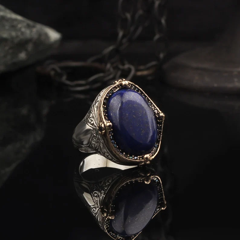 RARE PRINCE by CARAT SUTRA | Unique Turkish Style Ring with Natural Blue Lapis Lazuli | 925 Sterling Silver Oxidized Ring | Men's Jewelry | With Certificate of Authenticity and 925 Hallmark - Image 3