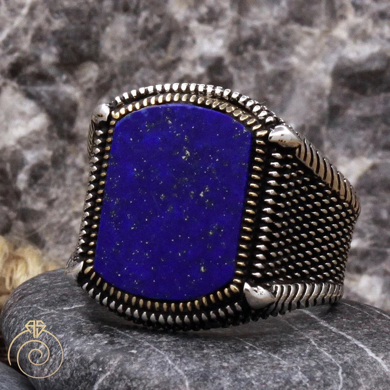 RARE PRINCE by CARAT SUTRA | Unique Turkish Style Ring with Natural Blue Lapis Lazuli | 925 Sterling Silver Oxidized Ring | Men's Jewelry | With Certificate of Authenticity and 925 Hallmark - Image 7