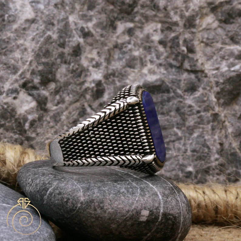 RARE PRINCE by CARAT SUTRA | Unique Turkish Style Ring with Natural Blue Lapis Lazuli | 925 Sterling Silver Oxidized Ring | Men's Jewelry | With Certificate of Authenticity and 925 Hallmark - Image 8