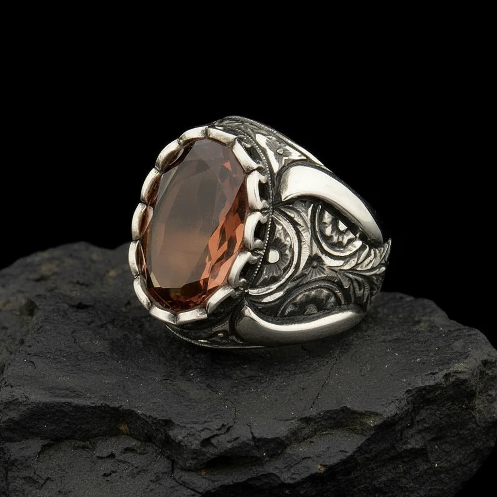 RARE PRINCE by CARAT SUTRA | Unique Turkish Style Ring with Natural Gomed | 925 Sterling Silver Oxidized Ring | Men's Jewelry | With Certificate of Authenticity and 925 Hallmark