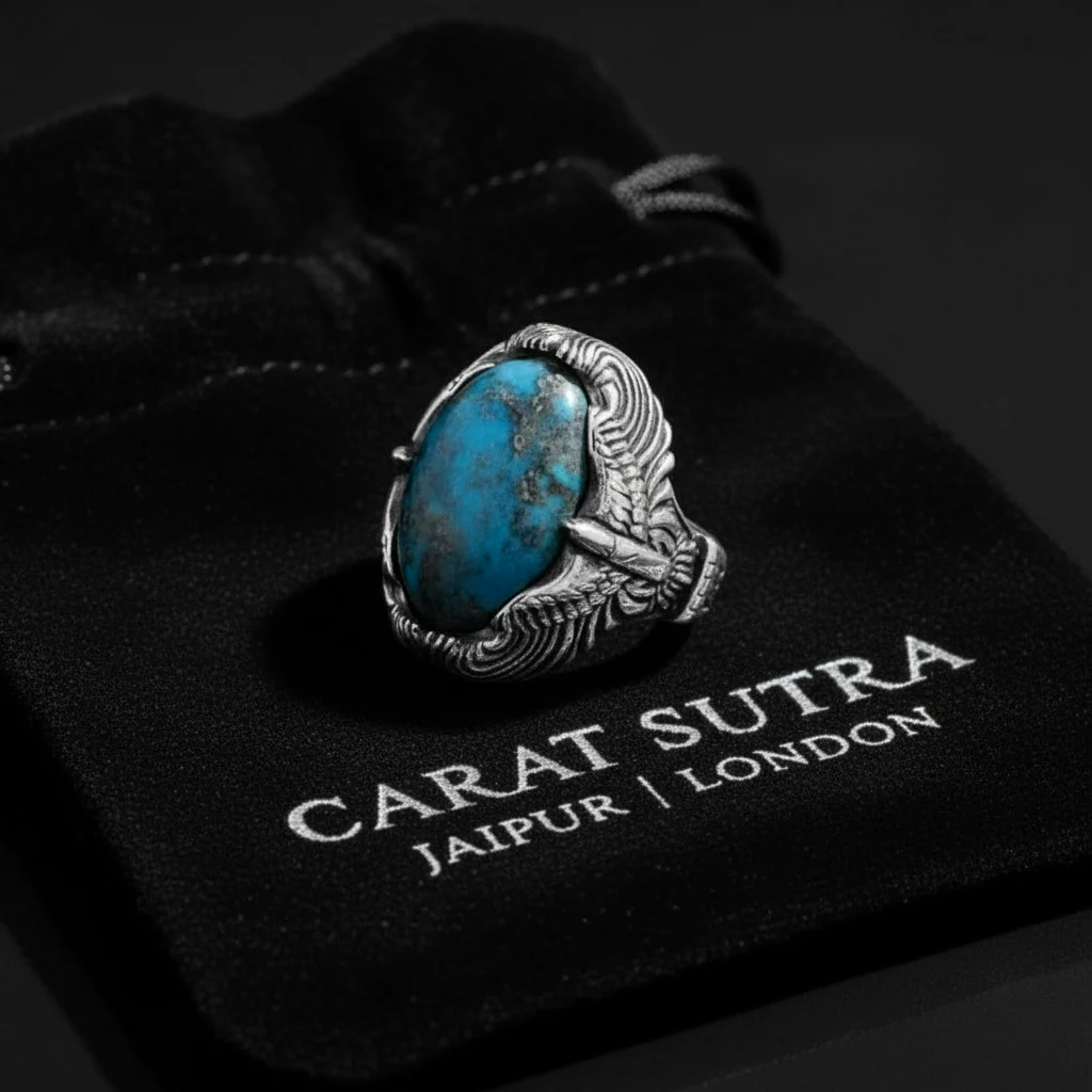 RARE PRINCE by CARAT SUTRA | Biker Guy, Oval shaped Turkish Style Ring with Natural Irani Turquoise (Firoza) with Eagle | 925 Sterling Silver Oxidized Ring | Men's Jewelry | With Certificate of Authenticity and 925 Hallmark - Image 2