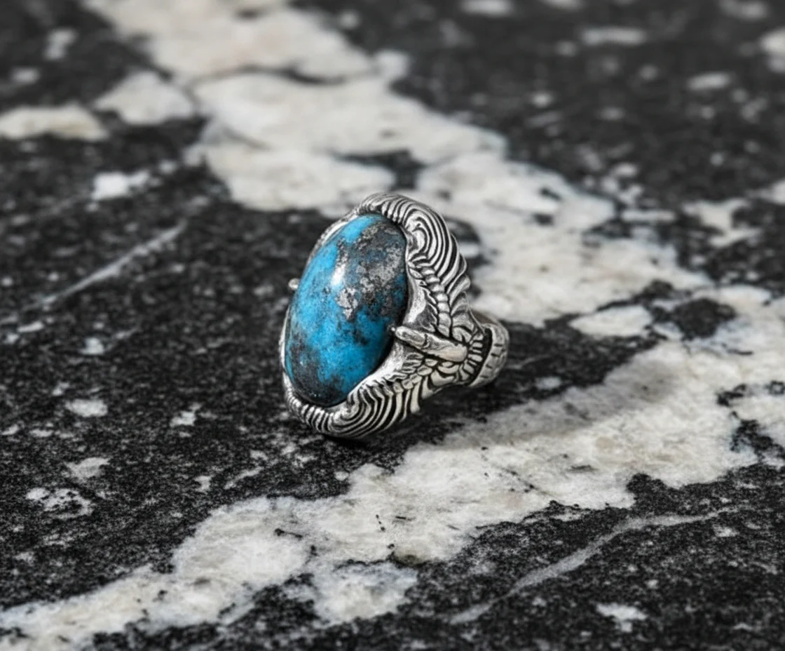 RARE PRINCE by CARAT SUTRA | Biker Guy, Oval shaped Turkish Style Ring with Natural Irani Turquoise (Firoza) with Eagle | 925 Sterling Silver Oxidized Ring | Men's Jewelry | With Certificate of Authenticity and 925 Hallmark - Image 3