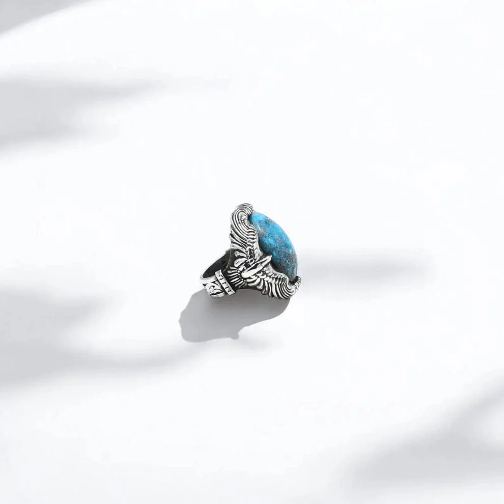 RARE PRINCE by CARAT SUTRA | Biker Guy, Oval shaped Turkish Style Ring with Natural Irani Turquoise (Firoza) with Eagle | 925 Sterling Silver Oxidized Ring | Men's Jewelry | With Certificate of Authenticity and 925 Hallmark - Image 4