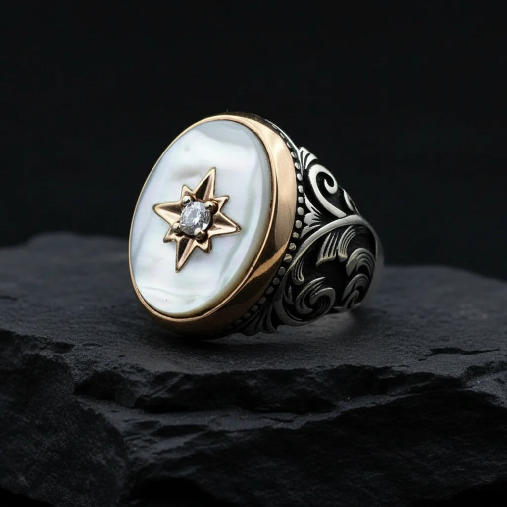 RARE PRINCE by CARAT SUTRA | Unique Turkish Style Ring with Natural Pearl | 925 Sterling Silver Oxidized Ring | Men's Jewelry | With Certificate of Authenticity and 925 Hallmark