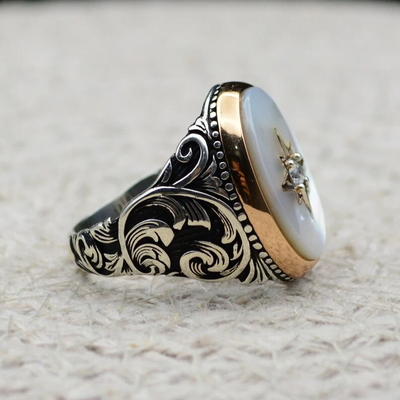 RARE PRINCE by CARAT SUTRA | Unique Turkish Style Ring with Natural Pearl | 925 Sterling Silver Oxidized Ring | Men's Jewelry | With Certificate of Authenticity and 925 Hallmark - Image 2