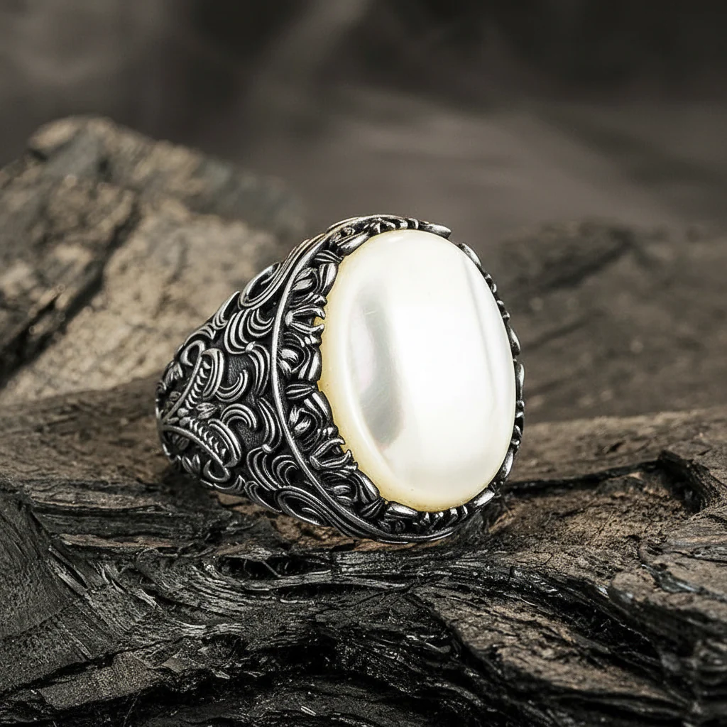 RARE PRINCE by CARAT SUTRA | Unique Turkish Style Ring with Natural Pearl | 925 Sterling Silver Oxidized Ring | Men's Jewelry | With Certificate of Authenticity and 925 Hallmark - Image 2