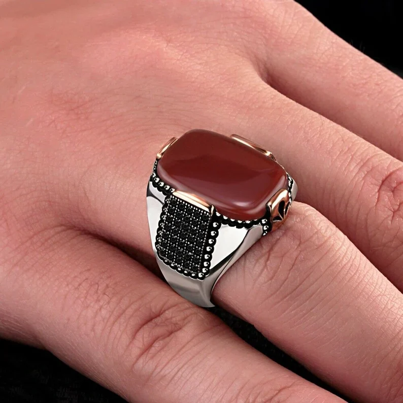 RARE PRINCE by CARAT SUTRA | Unique Turkish Style Ring with Natural Red Agate | 925 Sterling Silver Oxidized Ring | Men's Jewelry | With Certificate of Authenticity and 925 Hallmark - Image 3