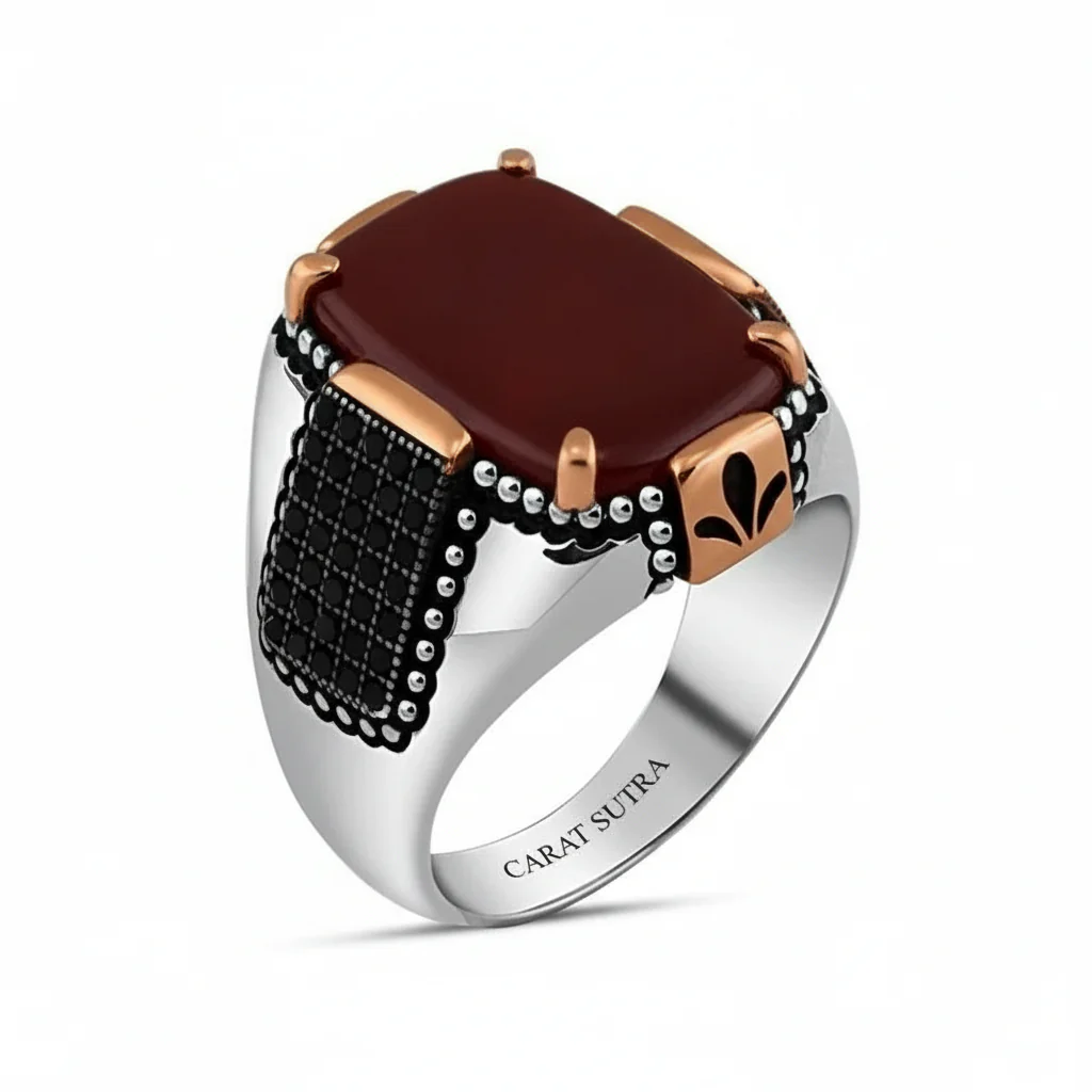 RARE PRINCE by CARAT SUTRA | Unique Turkish Style Ring with Natural Red Agate | 925 Sterling Silver Oxidized Ring | Men's Jewelry | With Certificate of Authenticity and 925 Hallmark - Image 4