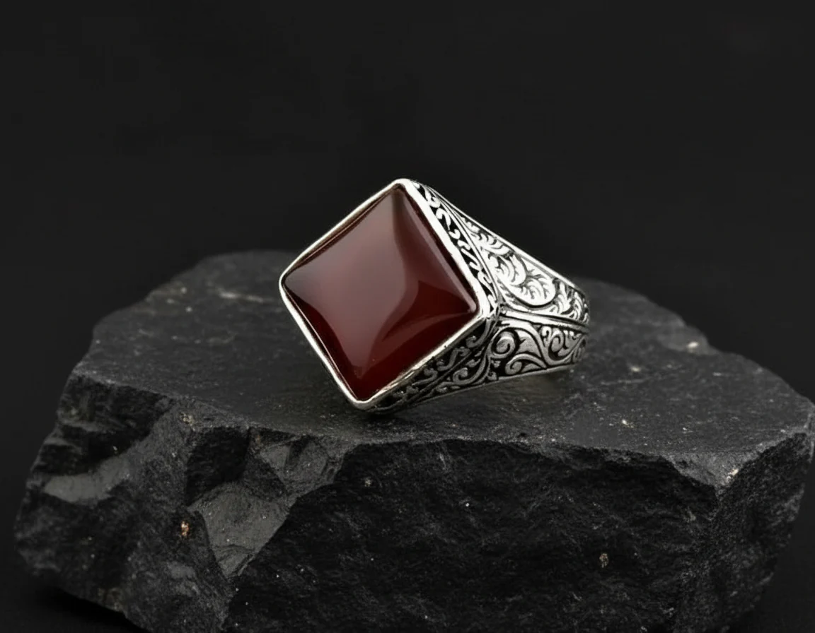 RARE PRINCE by CARAT SUTRA | Unique Turkish Style Ring with Natural Red Agate  | 925 Sterling Silver Oxidized Ring | Men's Jewelry | With Certificate of Authenticity and 925 Hallmark