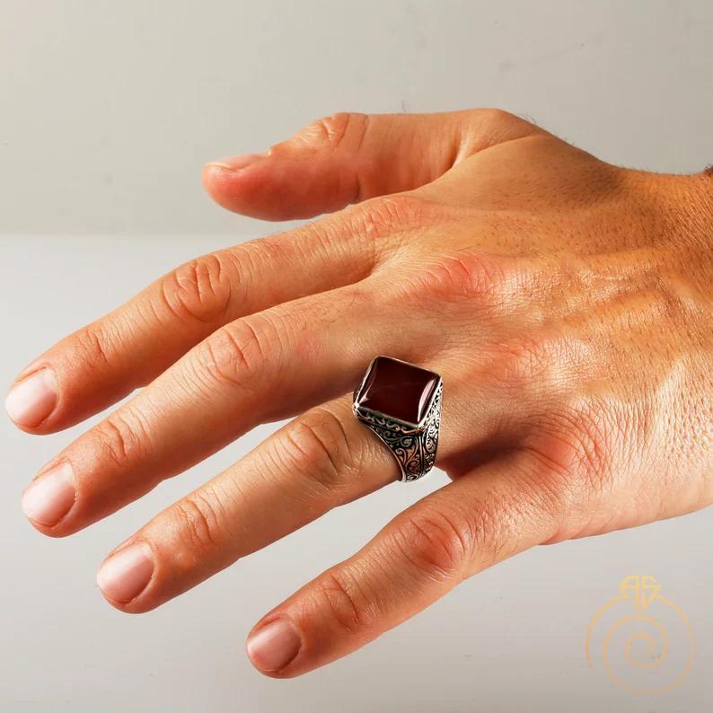RARE PRINCE by CARAT SUTRA | Unique Turkish Style Ring with Natural Red Agate  | 925 Sterling Silver Oxidized Ring | Men's Jewelry | With Certificate of Authenticity and 925 Hallmark - Image 2
