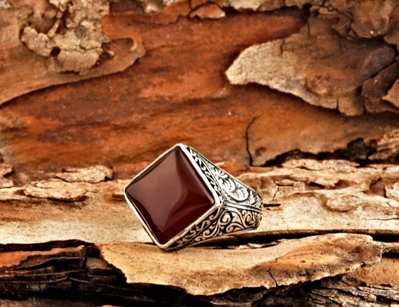 RARE PRINCE by CARAT SUTRA | Unique Turkish Style Ring with Natural Red Agate  | 925 Sterling Silver Oxidized Ring | Men's Jewelry | With Certificate of Authenticity and 925 Hallmark - Image 4
