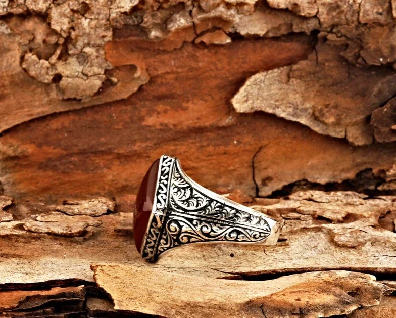 RARE PRINCE by CARAT SUTRA | Unique Turkish Style Ring with Natural Red Agate  | 925 Sterling Silver Oxidized Ring | Men's Jewelry | With Certificate of Authenticity and 925 Hallmark - Image 5