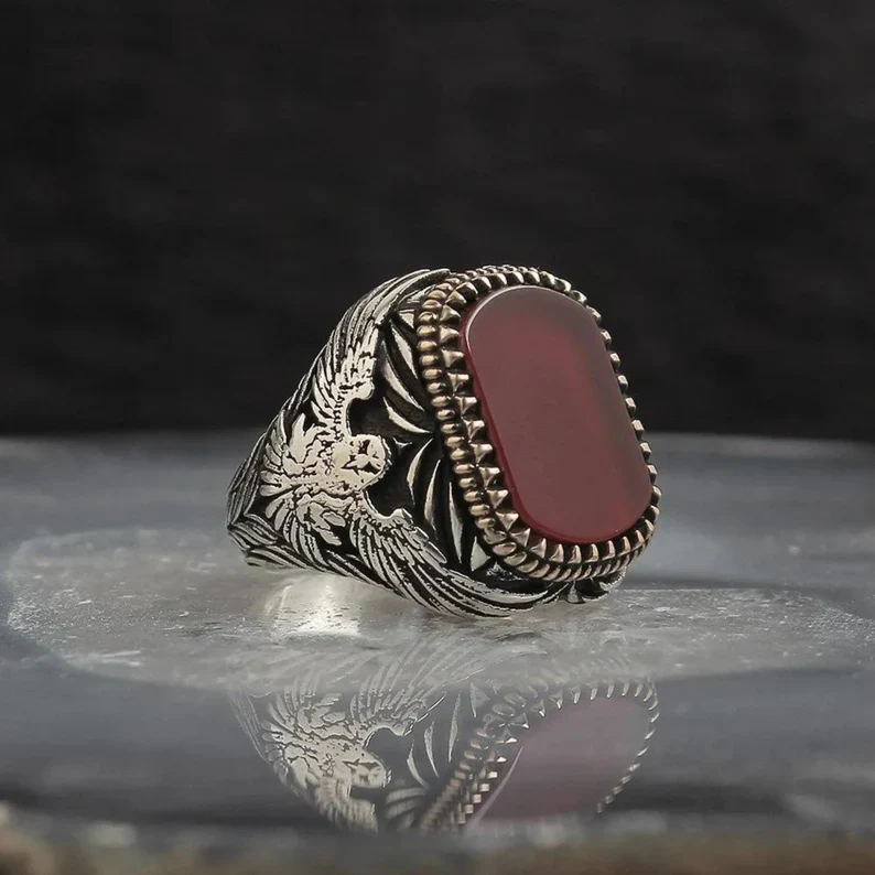 RARE PRINCE by CARAT SUTRA | Unique Turkish Style Ring with Natural Red Agate  | 925 Sterling Silver Oxidized Ring | Men's Jewelry | With Certificate of Authenticity and 925 Hallmark - Image 2